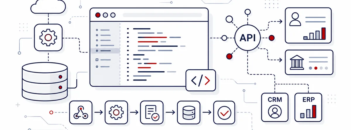 Ilustrácia vývoja softvéru, API integrácií a automatizácie