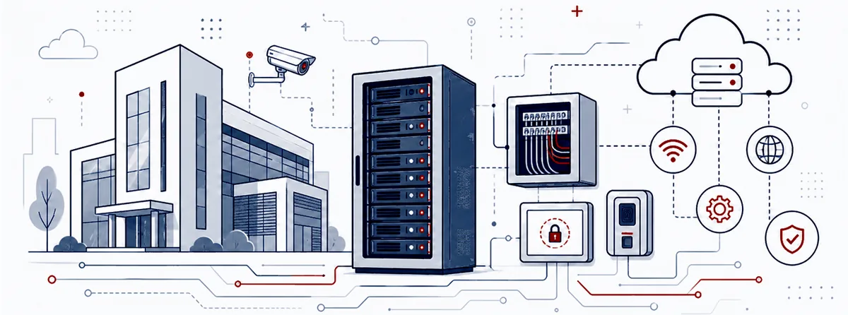 Ilustrácia technickej budovy, serverov a bezpečnostných služieb